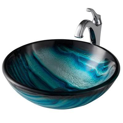 17-inch Blue Glass Nature SeriesE Bathroom Vessel Sink and ArloE Faucet Combo Set with Pop-Up Drain, Chrome Finish by Kraus