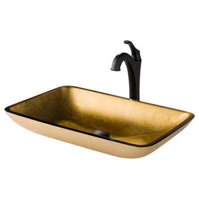 22-inch Rectangular Blue Glass Bathroom Vessel Sink and ArloE Faucet Combo Set with Pop-Up Drain, Oil Rubbed Bronze Finish by Kraus