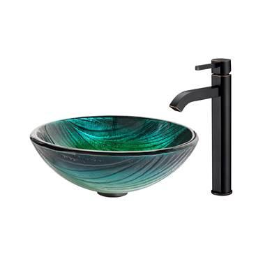 Nei Glass Vessel Sink in Green with Ramus Faucet in Oil Rubbed Bronze
