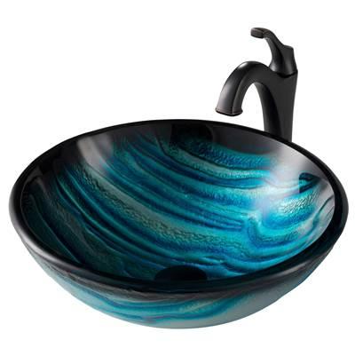 17-inch Blue Glass Nature SeriesE Bathroom Vessel Sink and ArloE Faucet Combo Set with Pop-Up Drain, Oil Rubbed Bronze Finish