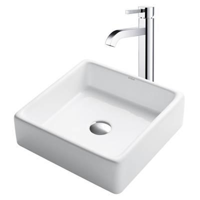 15-inch Square White Porcelain Ceramic Bathroom Vessel Sink and RamusE Faucet Combo Set with Pop-Up Drain, Chrome Finish