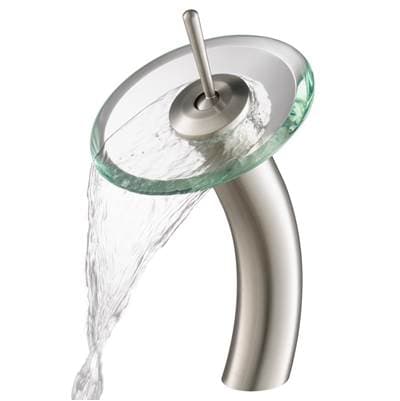 Kraus Tall Waterfall Bathroom Faucet for Vessel Sink with Clear Glass Disk, Satin Nickel Finish -...