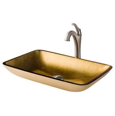 22-inch Rectangular Gold Glass Bathroom Vessel Sink and Spot Free ArloE Faucet Combo Set with Pop-Up Drain, Stainless Brushed Nickel Finish by Kraus