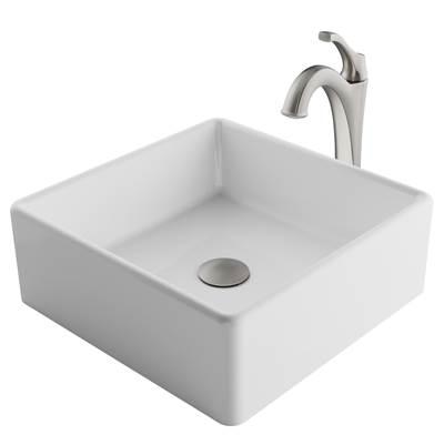 ElavoE 15-inch Square White Porcelain Ceramic Bathroom Vessel Sink and Spot Free ArloE Faucet Combo Set with Pop-Up Drain, Stainless Brushed Nickel Finish by Kraus