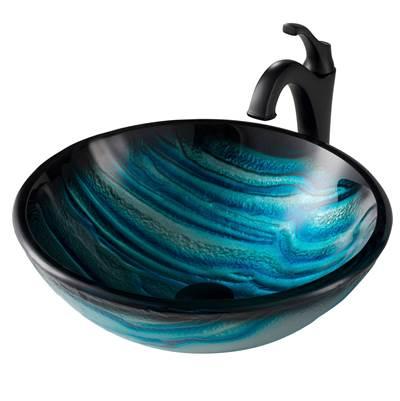 17-inch Blue Glass Nature SeriesE Bathroom Vessel Sink and Matte Black ArloE Faucet Combo Set with Pop-Up Drain by Kraus