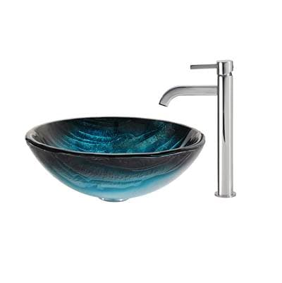 Kraus Ladon Glass Vessel Sink in Blue with Ramus Faucet - Chrome