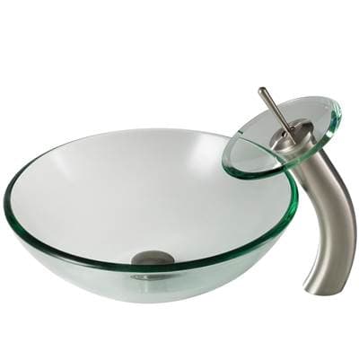 Kraus Clear Glass Bathroom Vessel Sink and Waterfall Faucet Combo Set with Matching Disk and...