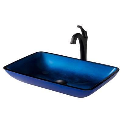 22-inch Rectangular Blue Glass Bathroom Vessel Sink and ArloE Faucet Combo Set with Pop-Up Drain, Oil Rubbed Bronze Finish