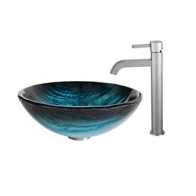 Kraus Ladon Glass Vessel Sink in Blue with Ramus Faucet - Satin Nickel by Kraus