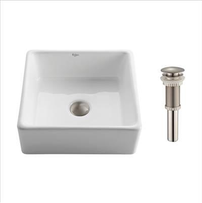 Square Ceramic Vessel Bathroom Sink in White with Pop-Up Drain in Satin Nickel