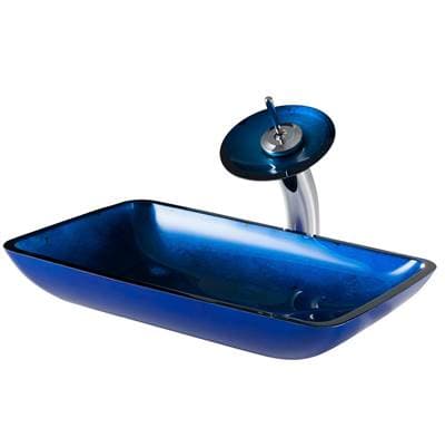 Kraus Rectangular Blue Glass Bathroom Vessel Sink and Waterfall Faucet Combo Set with Matching... by Kraus