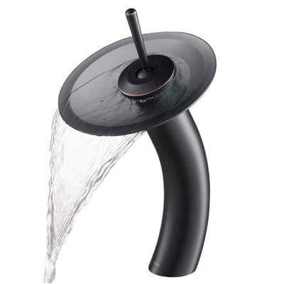 Kraus Tall Waterfall Bathroom Faucet for Vessel Sink with Frosted Black Glass Disk, Oil Rubbed...