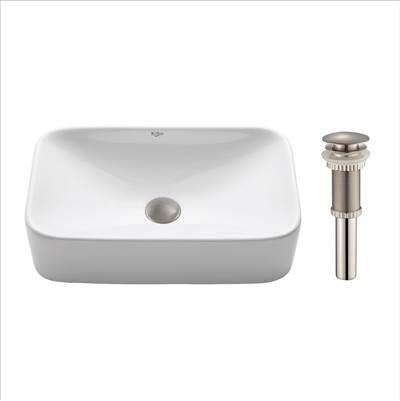 Soft Rectangular Ceramic Vessel Bathroom Sink in White with Pop-Up Drain in Satin Nickel by Kraus