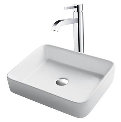 19-inch Modern Rectangular White Porcelain Ceramic Bathroom Vessel Sink and RamusE Faucet Combo Set with Pop-Up Drain, Chrome Finish