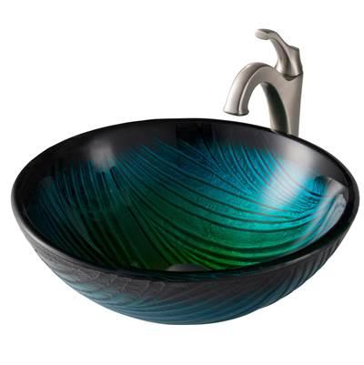 17-inch Green Glass Nature SeriesE Bathroom Vessel Sink and Spot Free ArloE Faucet Combo Set with Pop-Up Drain, Stainless Brushed Nickel Finish