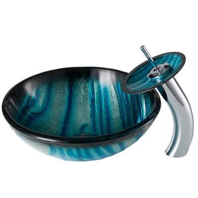 Nature SeriesE Blue Glass Bathroom Vessel Sink and Waterfall Faucet Combo Set with Matching Disk and Pop-Up Drain, Chrome Finish