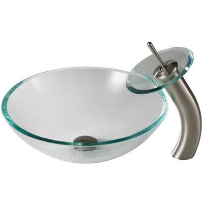 Crystal Clear Glass Bathroom Vessel Sink and Waterfall Faucet Combo Set with Matching Disk and Pop-Up Drain, Satin Nickel Finish by Kraus
