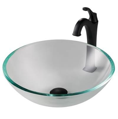16 1/2-inch Crystal Clear Glass Bathroom Vessel Sink and Matte Black ArloE Faucet Combo Set with Pop-Up Drain