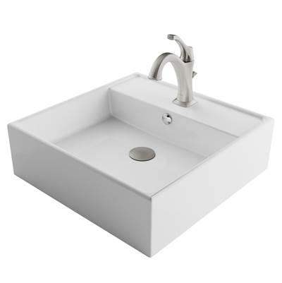 ElavoE 18 1/2-inch Square White Porcelain Ceramic Bathroom Vessel Sink with Overflow and Spot Free ArloE Faucet Combo Set with Lift Rod Drain, Stainless Brushed Nickel Finish by Kraus