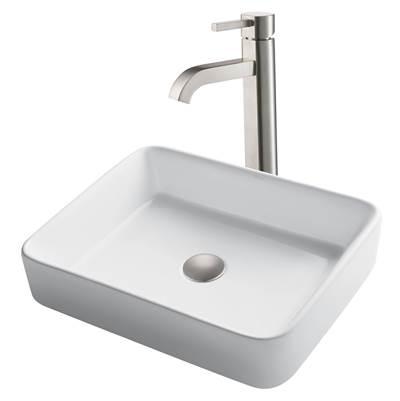 19-inch Modern Rectangular White Porcelain Ceramic Bathroom Vessel Sink and RamusE Faucet Combo Set with Pop-Up Drain, Satin Nickel Finish by Kraus