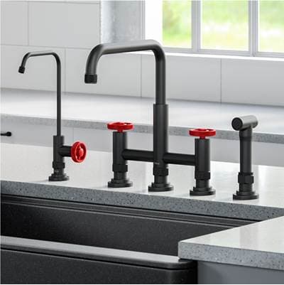 Kraus Urbixe Industrial Bridge Kitchen Faucet and Water Filter Faucet Combo in Matte Black/red -...