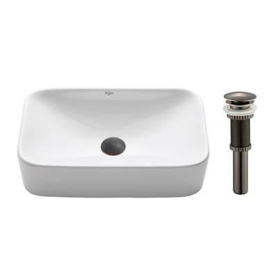 Soft Rectangular Ceramic Vessel Bathroom Sink in White with Pop-Up Drain in Oil Rubbed Bronze