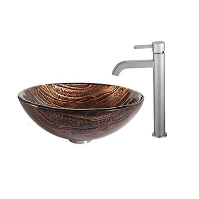 Kraus Gaia Glass Vessel Sink in Brown with Ramus Faucet - Satin Nickel by Kraus