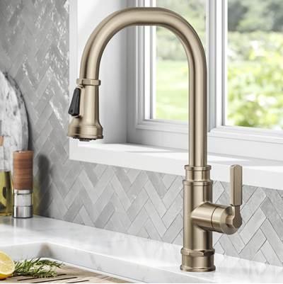 AllynE Transitional Industrial Pull-Down Single Handle Kitchen Faucet in Spot-Free Antique Champagne Bronze by Kraus