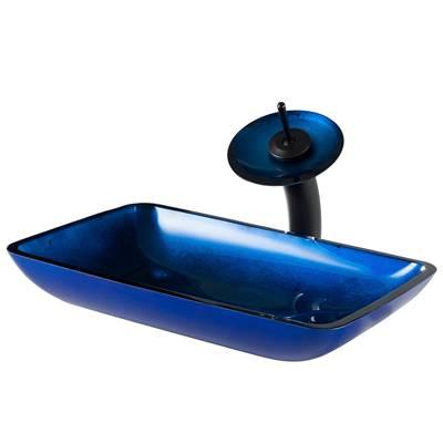 Rectangular Blue Glass Bathroom Vessel Sink and Waterfall Faucet Combo Set with Matching Disk and Pop-Up Drain, Oil Rubbed Bronze Finish by Kraus