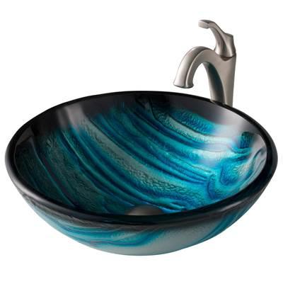 17-inch Blue Glass Nature SeriesE Bathroom Vessel Sink and Spot Free ArloE Faucet Combo Set with Pop-Up Drain, Stainless Brushed Nickel Finish