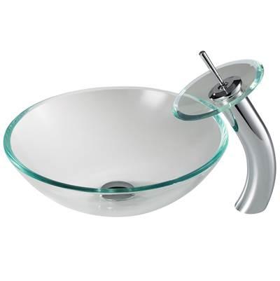 Crystal Clear Glass Bathroom Vessel Sink and Waterfall Faucet Combo Set with Matching Disk and Pop-Up Drain, Chrome Finish