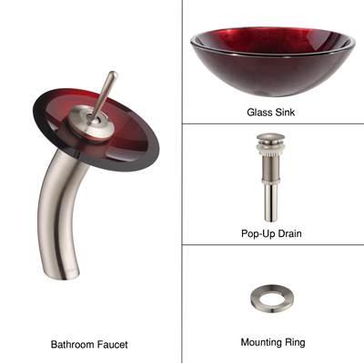 Irruption Glass Vessel Sink in Red with Single Hole Single-Handle Waterfall Faucet in Satin Nickel
