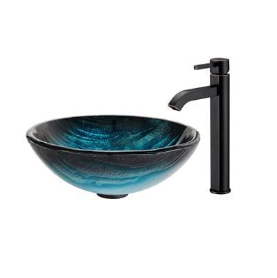 Kraus Ladon Glass Vessel Sink in Blue with Ramus Faucet - Oil Rubbed Bronze by Kraus