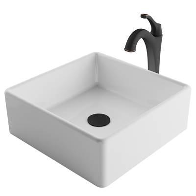 ElavoE 15-inch Square White Porcelain Ceramic Bathroom Vessel Sink and ArloE Faucet Combo Set with Pop-Up Drain, Oil Rubbed Bronze Finish by Kraus
