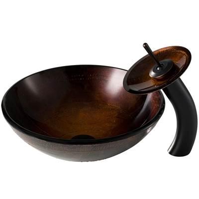 Copper Brown Glass Bathroom Vessel Sink and Waterfall Faucet Combo Set with Matching Disk and Pop-Up Drain, Oil Rubbed Bronze Finish