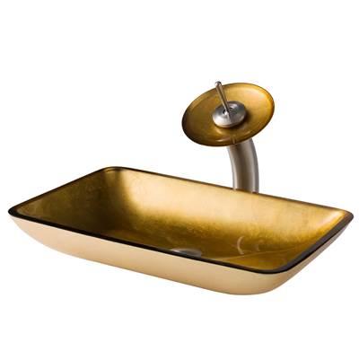 Rectangular Gold Glass Bathroom Vessel Sink and Waterfall Faucet Combo Set with Matching Disk and Pop-Up Drain, Satin Nickel Finish by Kraus