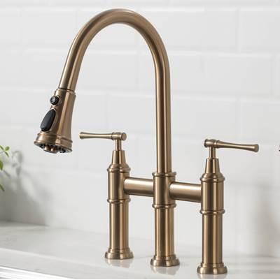 AllynE Transitional Bridge Kitchen Faucet with Pull-Down Sprayhead in Brushed Gold by Kraus