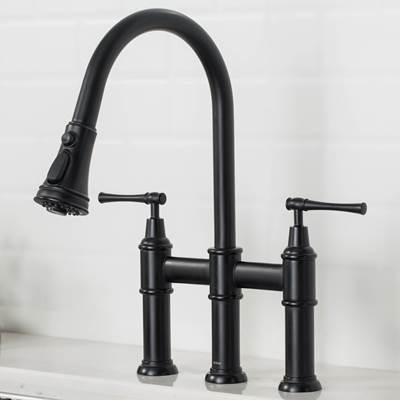 AllynE Transitional Bridge Kitchen Faucet with Pull-Down Sprayhead in Matte Black by Kraus