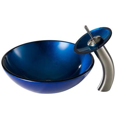 Irruption Blue Glass Bathroom Vessel Sink and Waterfall Faucet Combo Set with Matching Disk and Pop-Up Drain, Satin Nickel Finish
