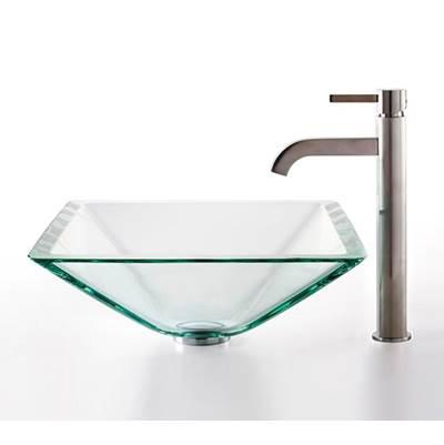 Square Glass Vessel Sink in Clear with Ramus Faucet in Satin Nickel
