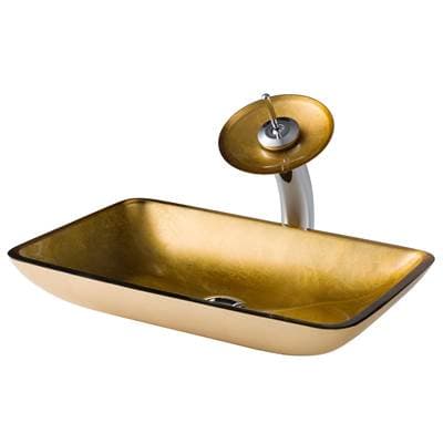 Kraus Rectangular Gold Glass Bathroom Vessel Sink and Waterfall Faucet Combo Set with Matching...