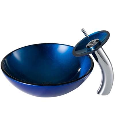 Kraus Irruption Blue Glass Bathroom Vessel Sink and Waterfall Faucet Combo Set with Matching Disk...