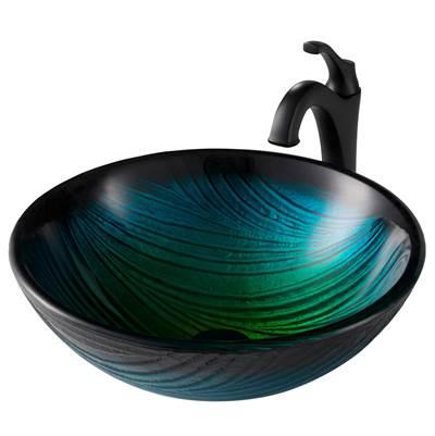 17-inch Green Glass Nature SeriesE Bathroom Vessel Sink and Matte Black ArloE Faucet Combo Set with Pop-Up Drain