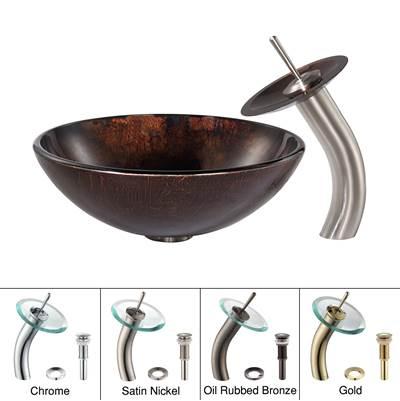 Pluto Glass Vessel Sink in Brown with Waterfall Faucet in Satin Nickel