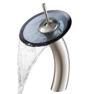 Kraus Tall Waterfall Bathroom Faucet for Vessel Sink with Clear Black Glass Disk, Satin Nickel...