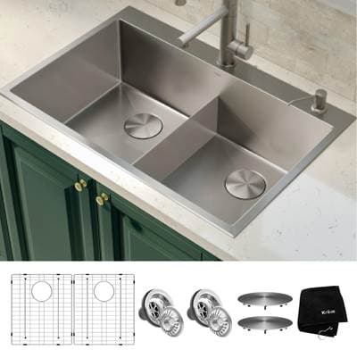 Kraus Standart PRO 33'' Drop in / Undermount 16 Gauge Double Bowl 2-Hole Stainless Steel Kitchen...