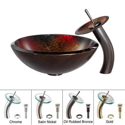 Mercury Glass Vessel Sink in Red/Gold with Waterfall Faucet in Oil Rubbed Bronze