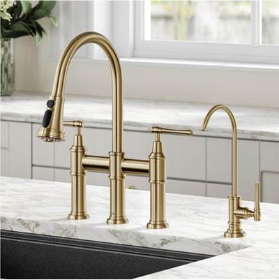 Kraus Allyne Transitional Bridge Kitchen Faucet and Water Filter Faucet Combo - Brushed Gold by Kraus