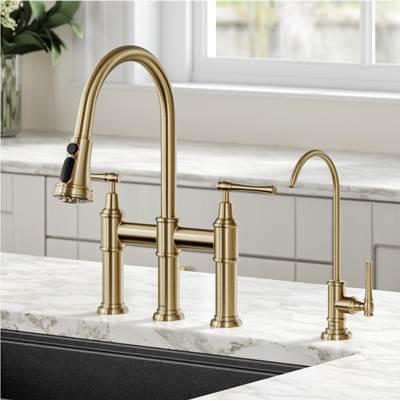 AllynE Transitional Bridge Kitchen Faucet and Water Filter Faucet Combo in Brushed Gold