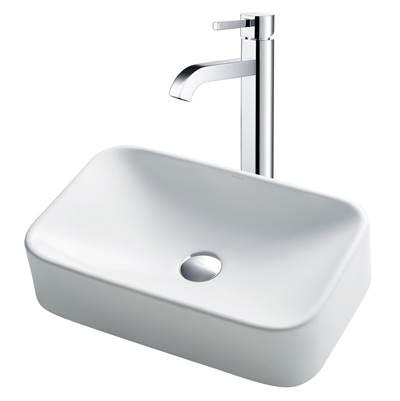 19-inch Rectangular White Porcelain Ceramic Bathroom Vessel Sink and RamusE Faucet Combo Set with Pop-Up Drain, Chrome Finish by Kraus